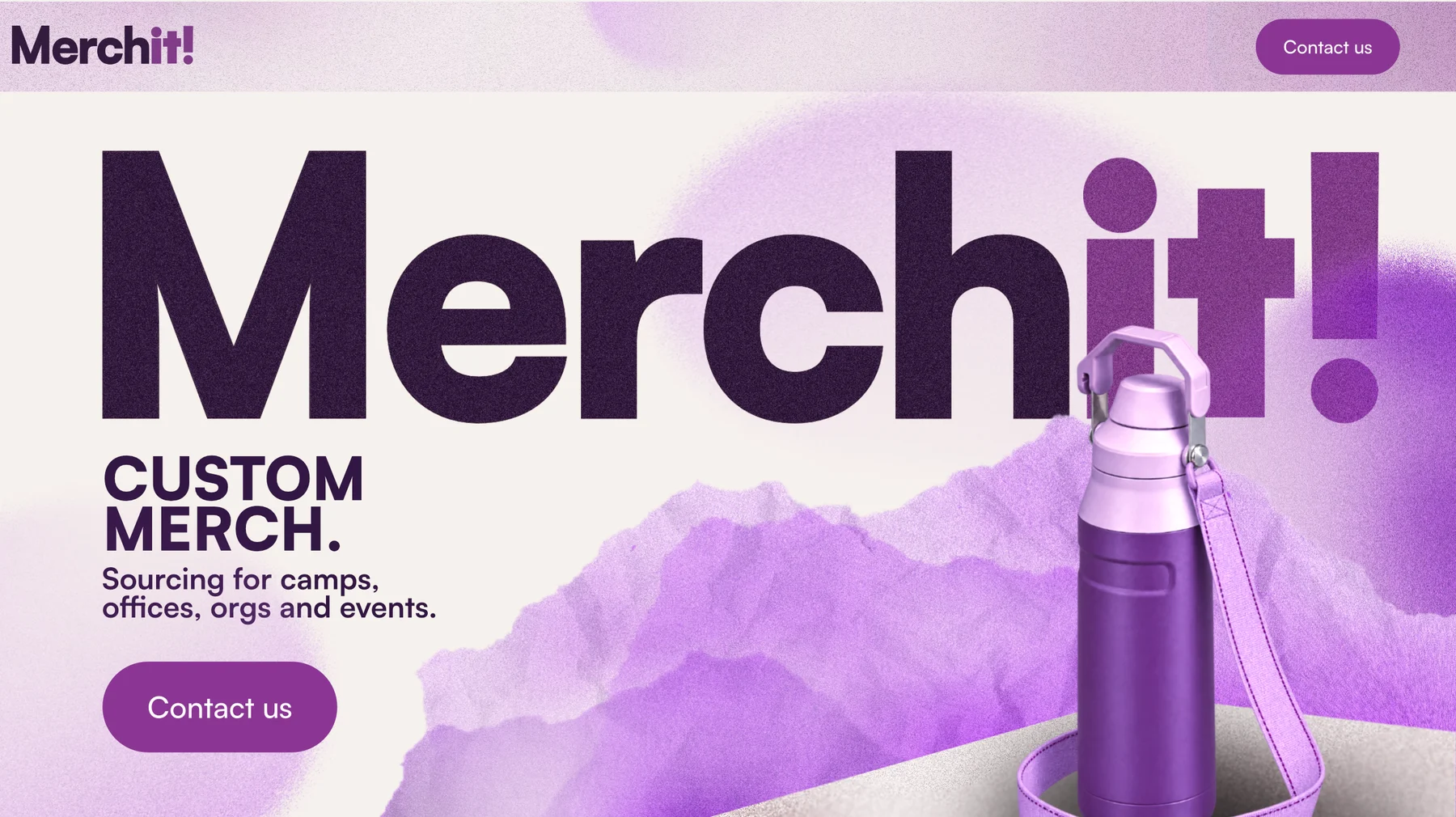 the Merchit! website homepage: the wordmark over purple mountains, with a water bottle