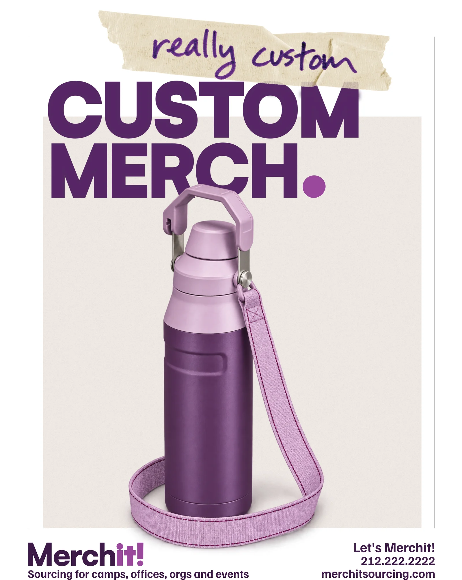 flyer: really custom merch, with a purple water bottle