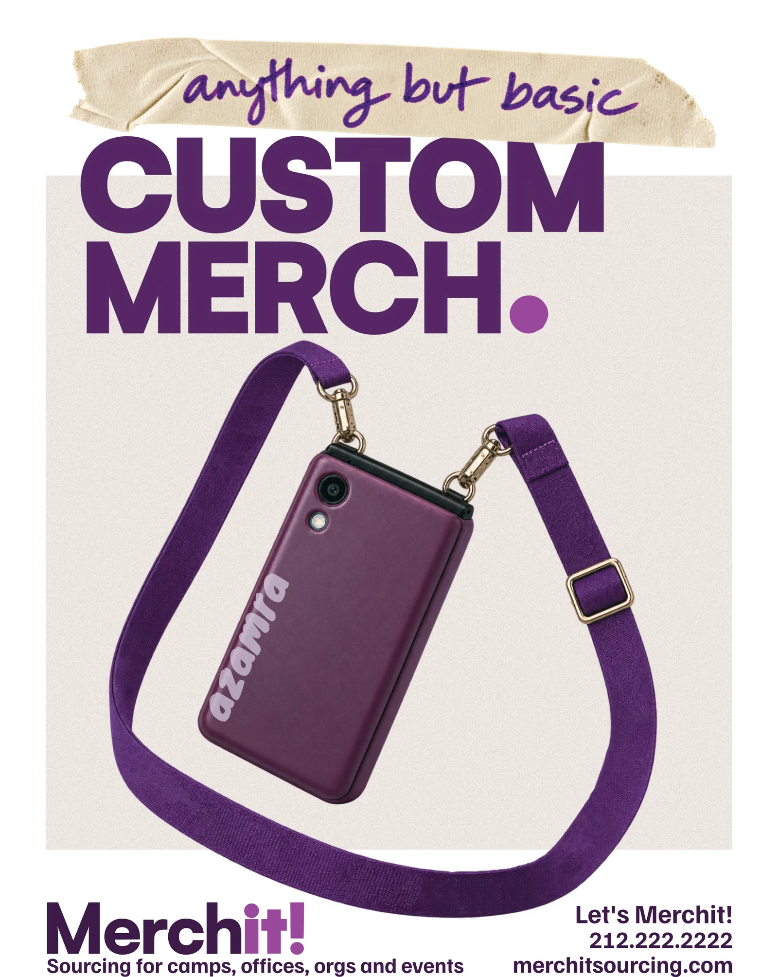 flyer: anything but basic custom merch, with a purple phone on a strap