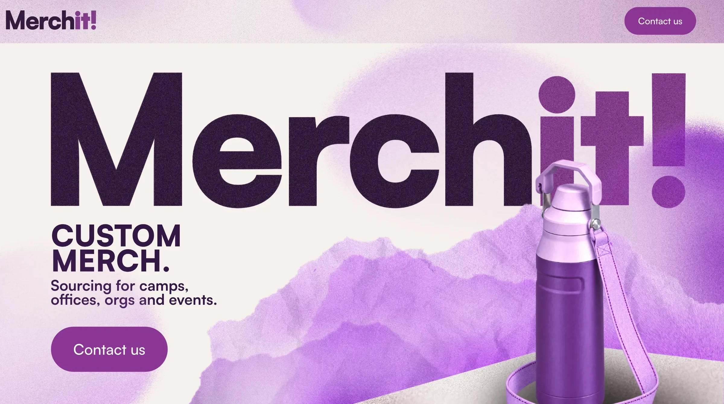 homepage design for Merchit!: the oversized wordmark over purple torn-paper mountains, with a water bottle