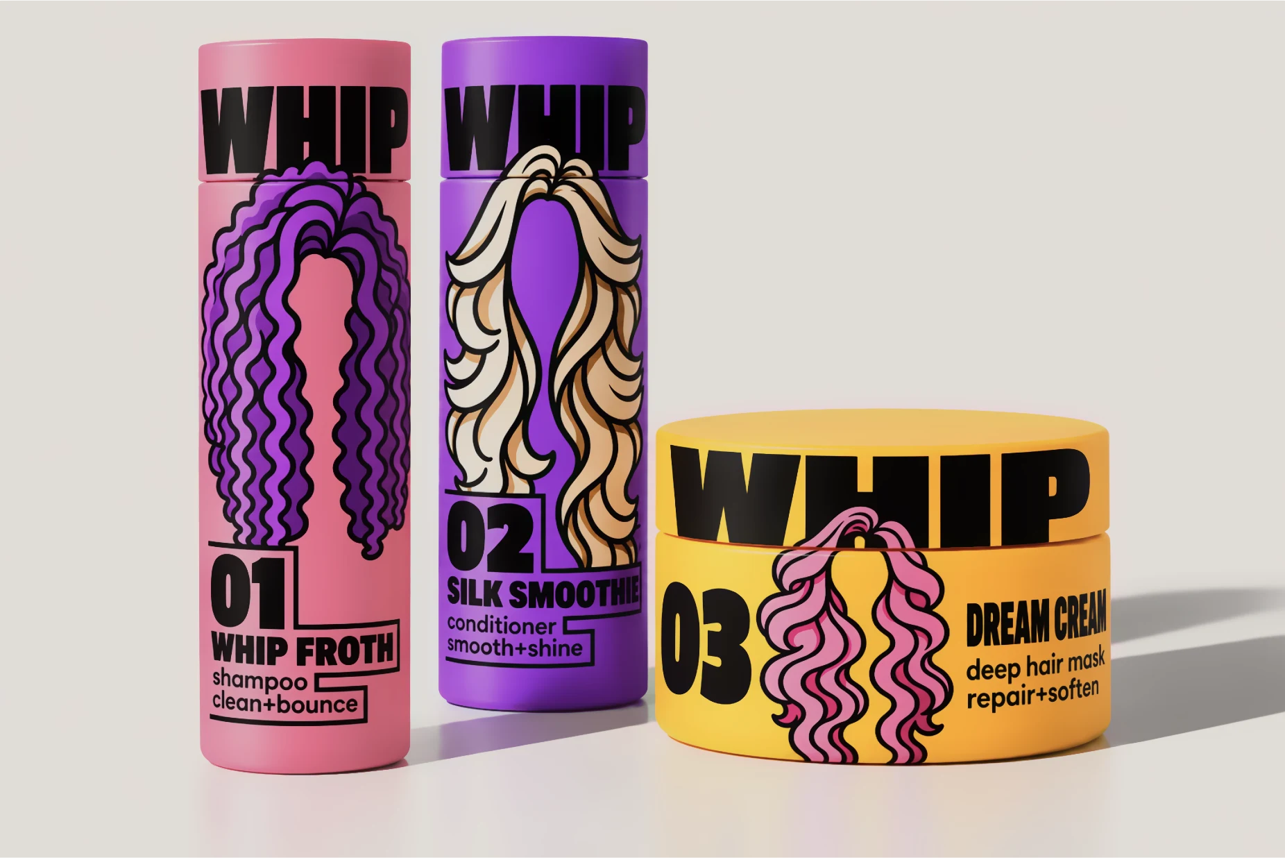 WHIP DREAMZ haircare: pink shampoo, purple conditioner and yellow hair mask jar
