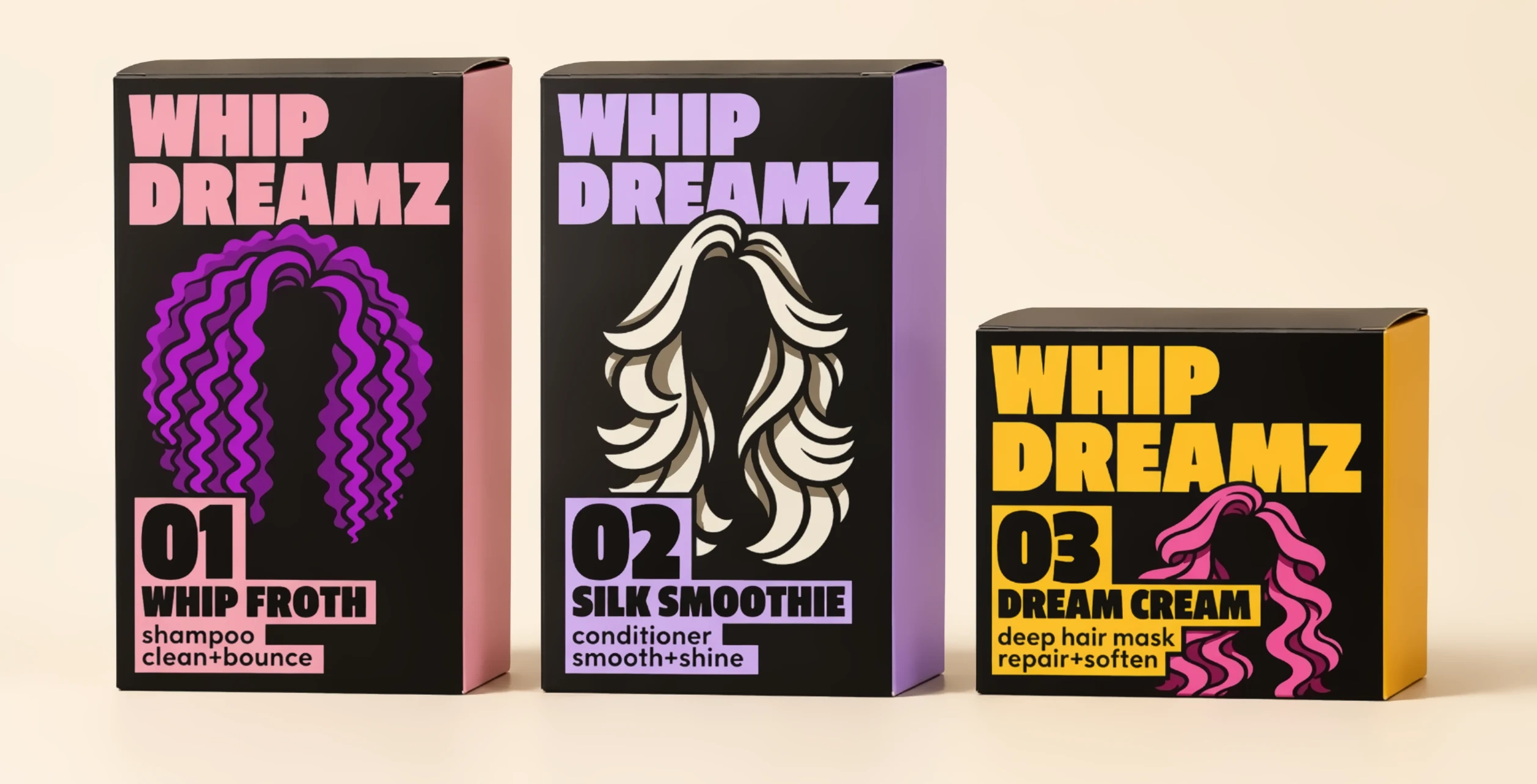the three WHIP DREAMZ boxes: black fronts with rose, lilac and amber side panels